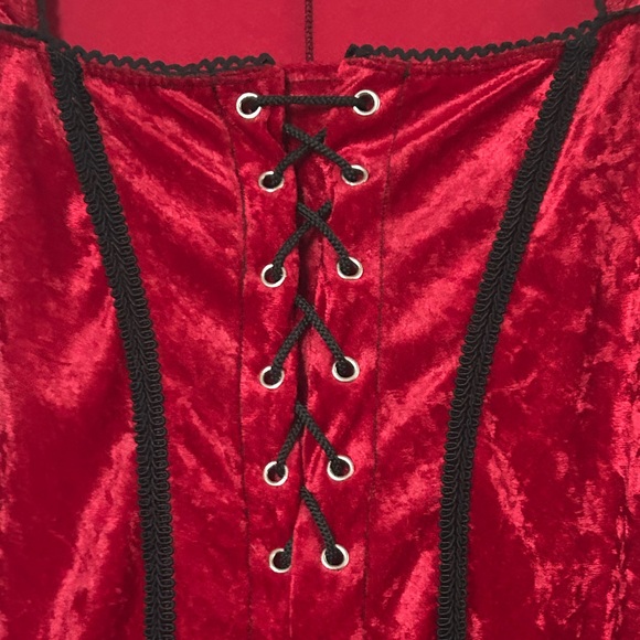 Vintage 90s Lip Service Red Crushed Velvet Black Lace Corset Lace Up Top Goth L - Picture 6 of 9